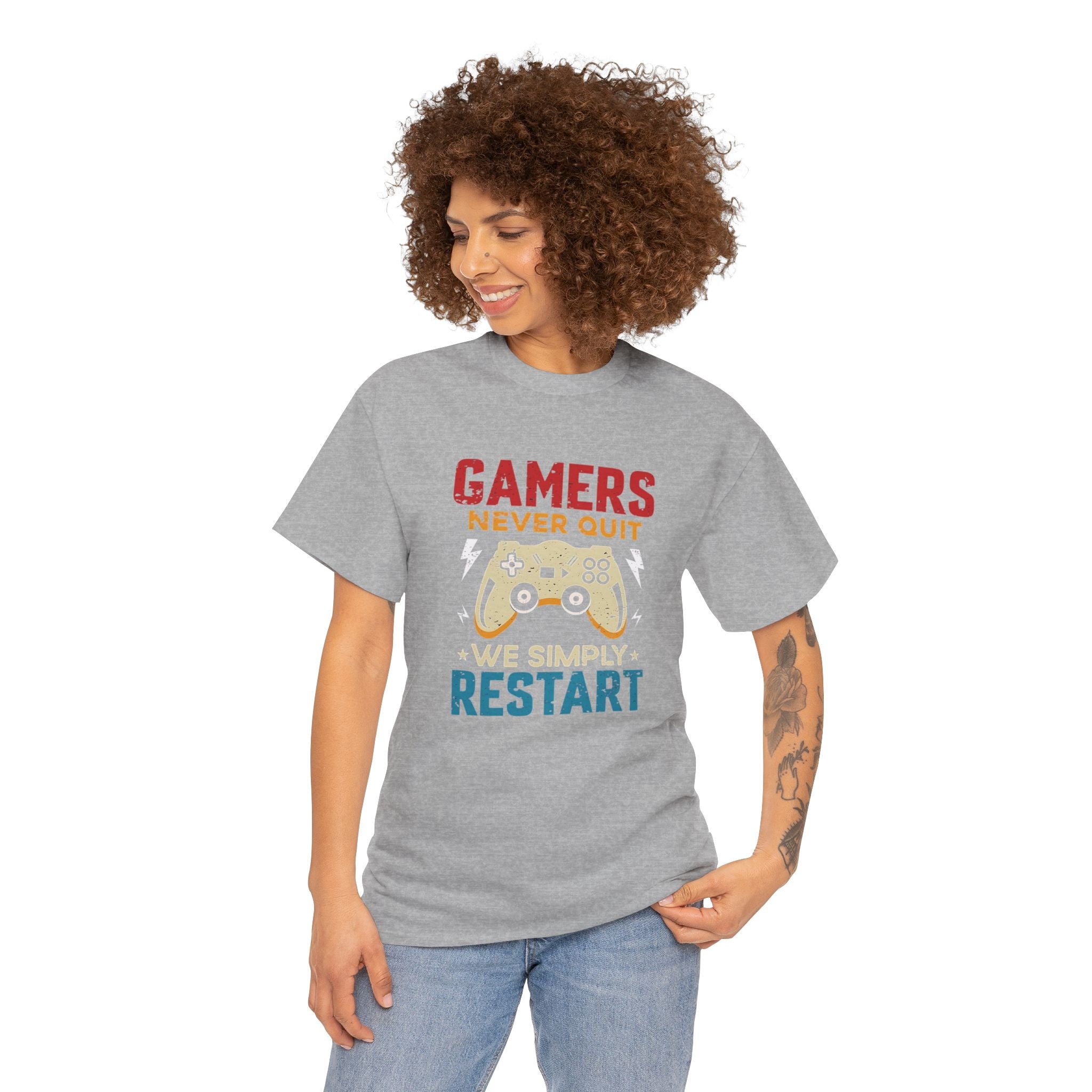 Unisex Gamer Tee - "Gamers Never Quit, We Simply Restart" - Video Game Shirt, Comfortable Casual Wear